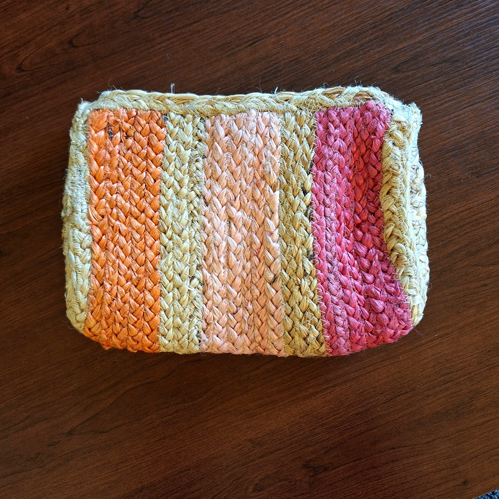 Woven Straw Clutch In Summer Colors And Tasseled Zipper